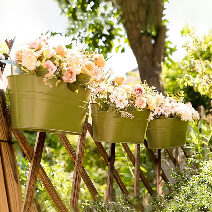 5 Pack Metal Hanging Flower Pots for Railing Fence,Outdoor Balcony Rail Planter with Garden Tools Detachable Hooks Drainage Holes for Deck Garden Home Decor Green