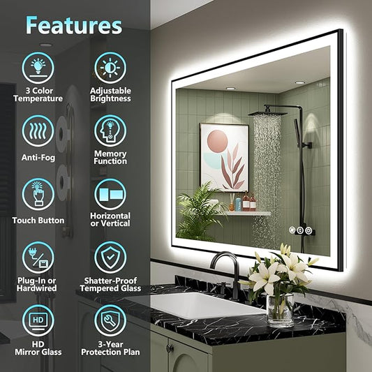 48x32 Black Framed LED Bathroom Mirror - Image 2