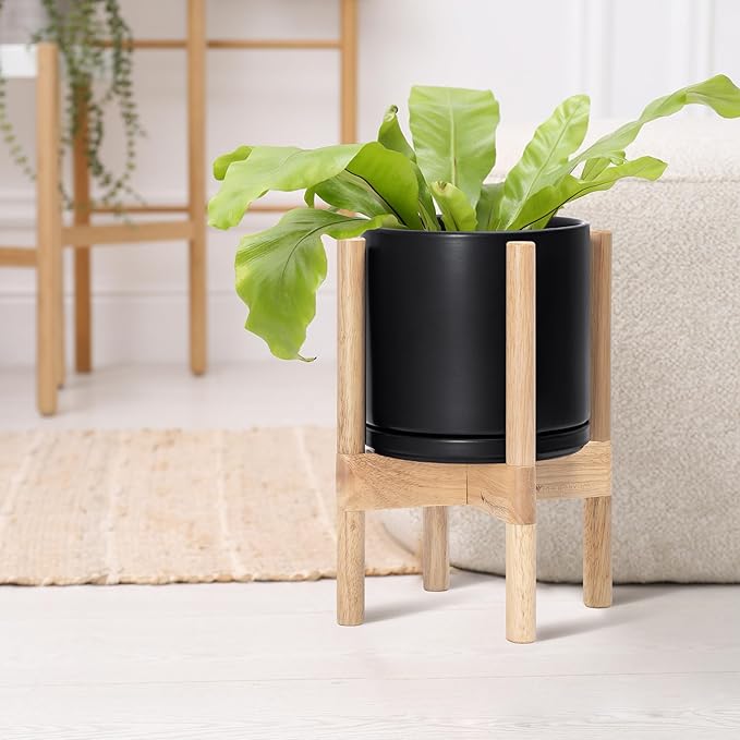 D'vine Dev Ceramic Planter with Natural Stand - 8 Inch Modern Round Flower Pot with Wood Planter Holder, Black, 55-B-N-2