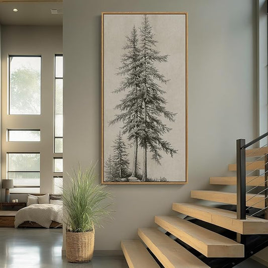 Large Framed Vertical Vintage Pine Tree Wall Art - Image 2