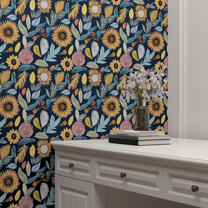 Blue Boho Wallpaper Peel and Stick, Vintage Floral Contact Paper 17.5" x 118" - Image 8