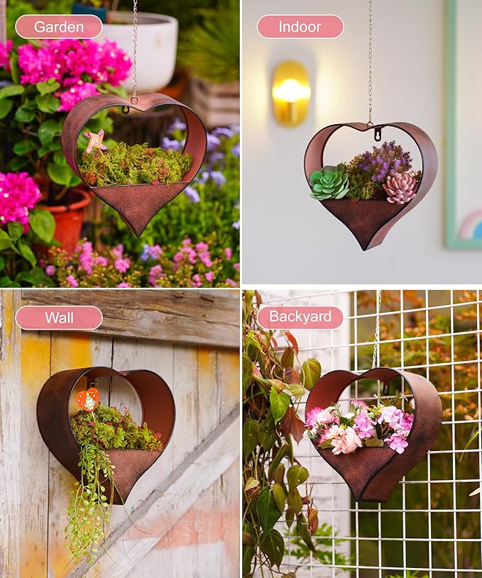 Metal Plant Hangers Indoor and Outdoor: Rustic Heart Shape Hanging Planters Perfect for Window Wall Decor for Living Room Office - Unique Gifts for Mom Women Grandma