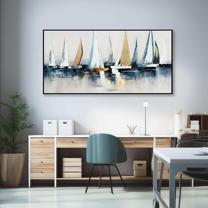 Abstract Wall Art Blue and White Sailboat Wall Paintings Framed Artwork - Image 6