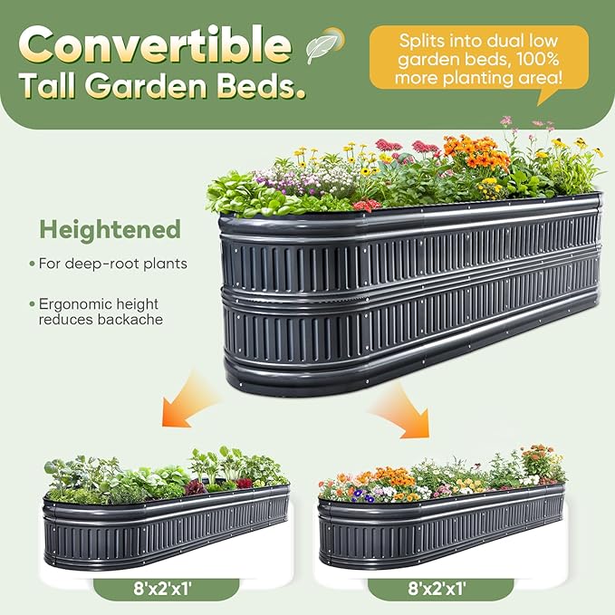 KING BIRD Raised Garden Bed Kit 2025 Upgraded Modular DIY Galvanized Planter Garden Box Outdoor for Gardening, Vegetables, Flowers, Elegant Roman Column Design, 94x24x24 in, Dark Grey