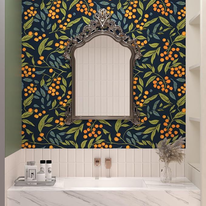BOKEBEVE Dark Blue Wallpaper Peel and Stick Boho Leaf Contact Paper Floral Wall - Image 6