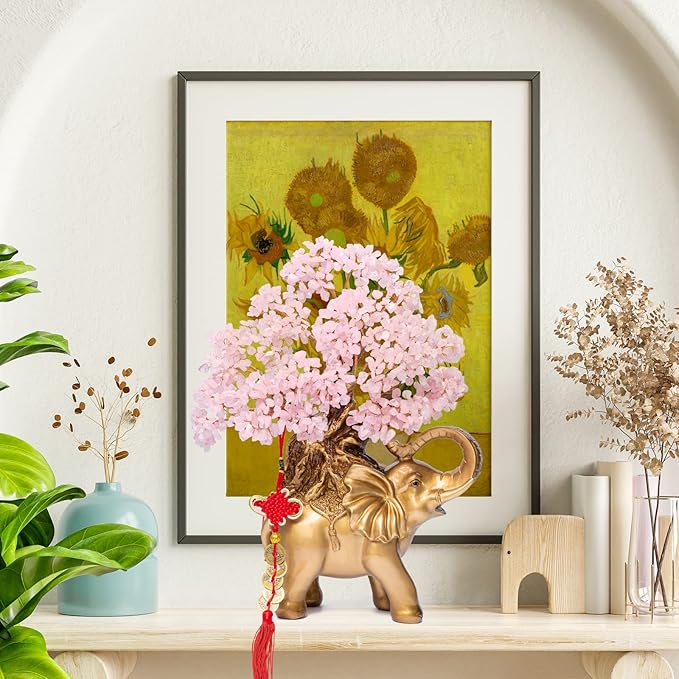 Rose Quartz Crystal Money Tree on Gold Elephant Statue, 17”Large Gemstone Bonsai Tree of Life Home Décor Gifts for Wealth Positive Energy, Feng Shui Décor