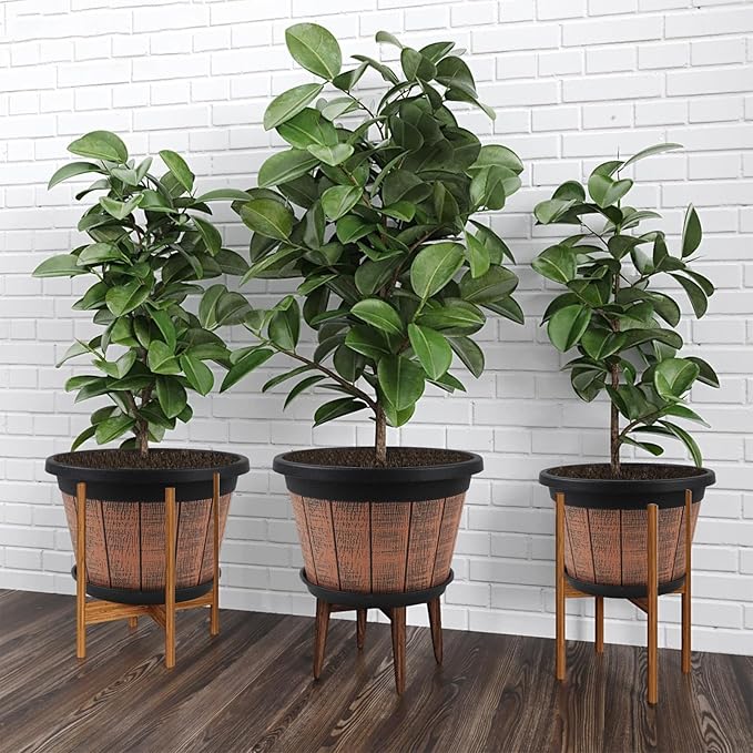 Quarut Large 4 Pack 14 inch Plant Pots,Whiskey Barrel Planters with Drainage Holes & Saucer,Plastic Decoration Flower Pots Retro Design,Planters for Outdoor Indoor Garden Balcony Plants (Brown)