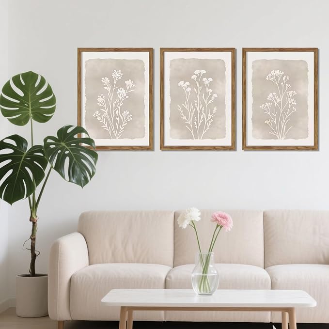 Framed Boho Botanical Flower Wall Art Set of 3, Vintage Minimalist Neutral - Image 9