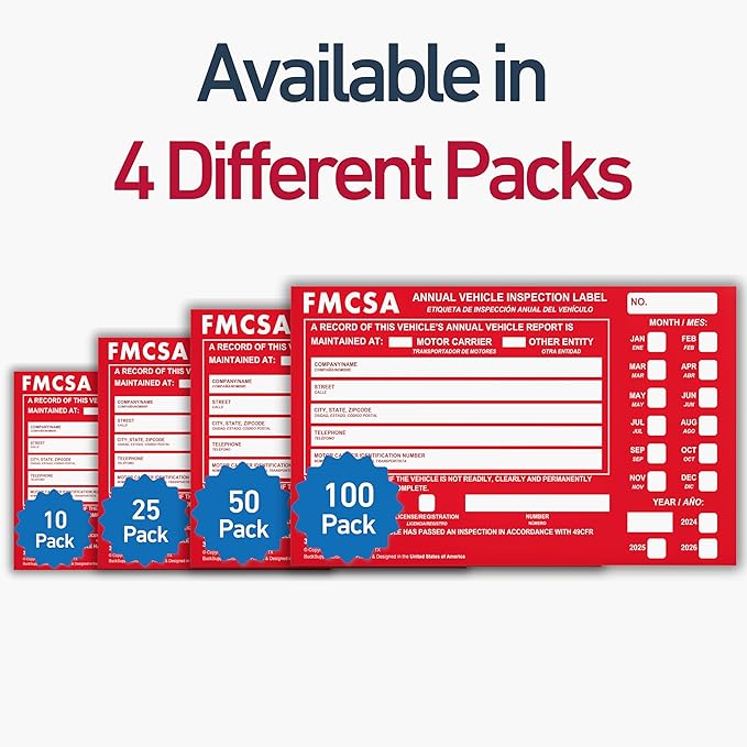 10 Pack Buck Aluminum Annual Vehicle Inspection Label with Punch Boxes, 2 Mil Red FMCSA Self Adhesive Sticker, DOT Compliant, Weatherproof, Tear Resistant, Easy to Write On, 6" x 3.5" - Made in USA