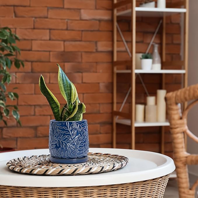 D'vine Dev 6 Inch Embossed Leaves Stoneware Planter Pot with Drainage Hole and Saucer, Midnight Blue, 27-A-X-3