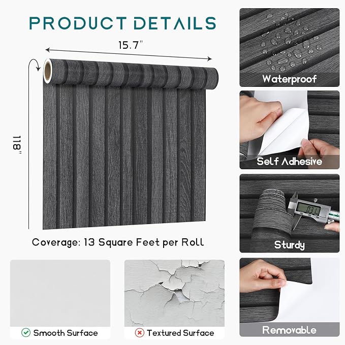 VEELIKE Charcoal Black Wooden Slat Wallpaper Peel and Stick Waterproof Dark - Image 8