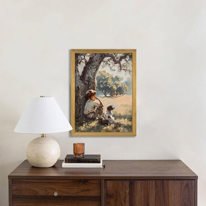 Wood Framed Canvas Wall Art, Vintage Boy and Dog Painting Poster, Countryside - Image 9