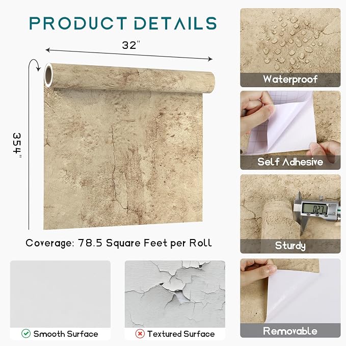 VEELIKE Wide Size 32''x354'' Aged Tan Concrete Wallpaper Peel and Stick - Image 8