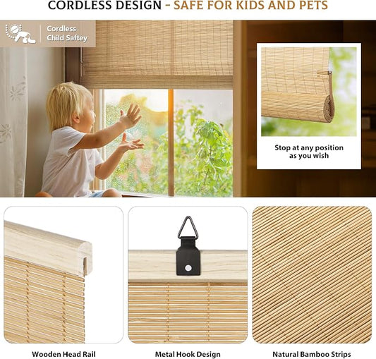 LazBlinds Cordless Bamboo Blinds, Roll Up Shades - Image 2