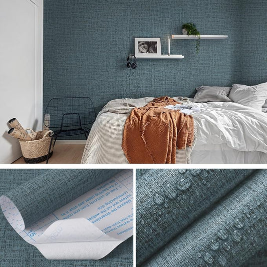 Guvana Grasscloth Peel and Stick Wallpaper Blue Textured Contact Paper Modern - Image 2