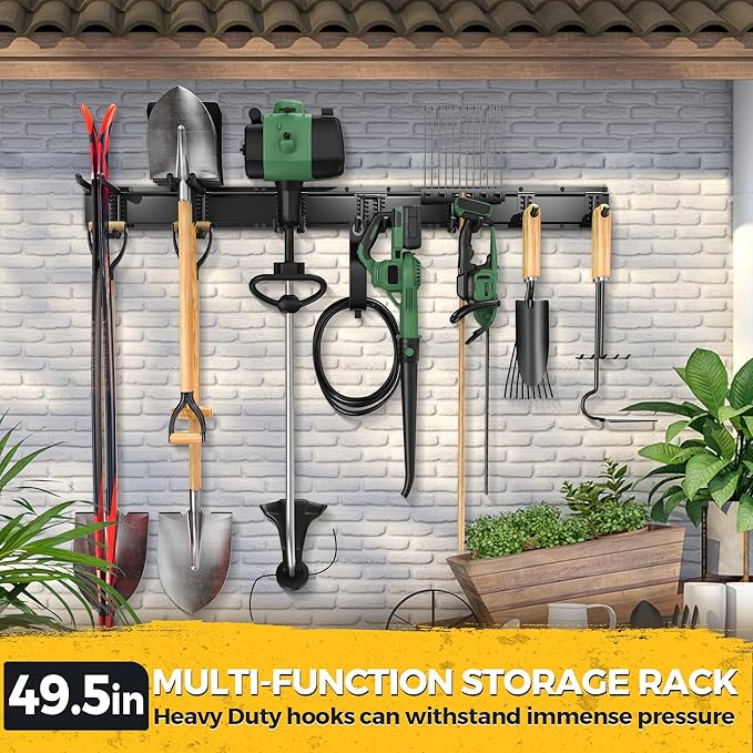 LBT 49.5"Garage Tool Organizer Wall Mount 500lbs Garden Tool Organizer for Garage with Adjustable Hooks,Heavy Duty Yard Tool Storage Rack, Anti-Rust Shed Rack Holder Hanging Rake Broom Mower Snowboard