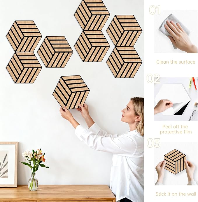 Mollywell Acoustic Panels, PVC Wood-Grain, 14x12 Inch Hexagon Carved Sound - Image 6