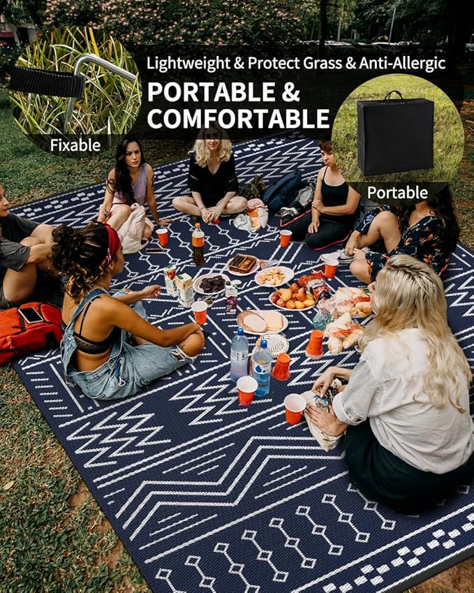 Outdoor Rug Carpet Waterproof 8x10 ft Patio Rug Mat Indoor Outdoor Area Rug for RV Camping Picnic Reversible Lightweight Plastic Straw Outside Rug for Patio Decor Decoration Boho Rug Navy Blue White