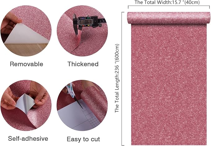 CHIHUT 15.7''x236'' Pink Glitter Peel and Stick Wallpaper Self Adhesive Sparkle - Image 9