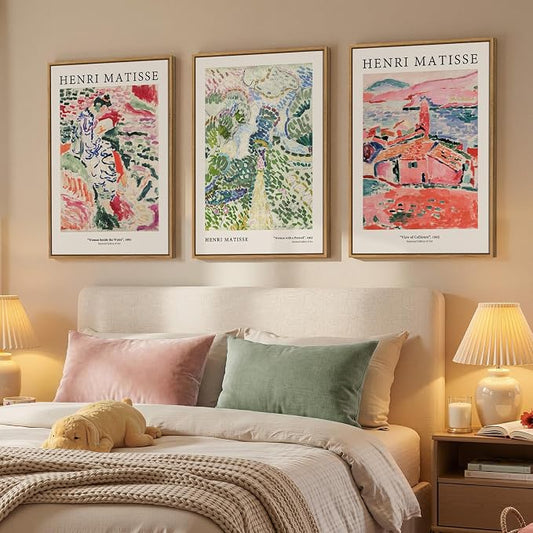 Framed Abstract Matisse Wall Art Set of 3, Vintage Colorful Landscape Canvas - Image 2