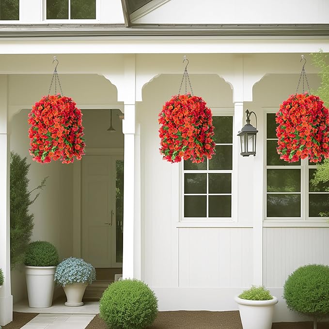 Artificial Hanging Flowers in 12 inch Basket, Fake Fall Plant Silk Orchid Flower Arrangement with Hanging Basket Daisy Planter for Patio Garden Porch Deck Summer Autumn Yard Decoration(Red Orange)