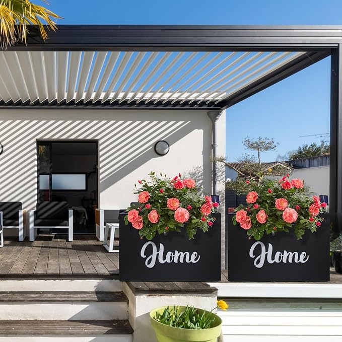 Metal LED Planter Box Rectangular Block - Galvanized Steel Long Planters Box with Solar Light Outdoor All-Weather Use with Drainage Holes for Cafe Bar Mall Patio/Porch/Entrance, 35.5×24×12IN(Home)