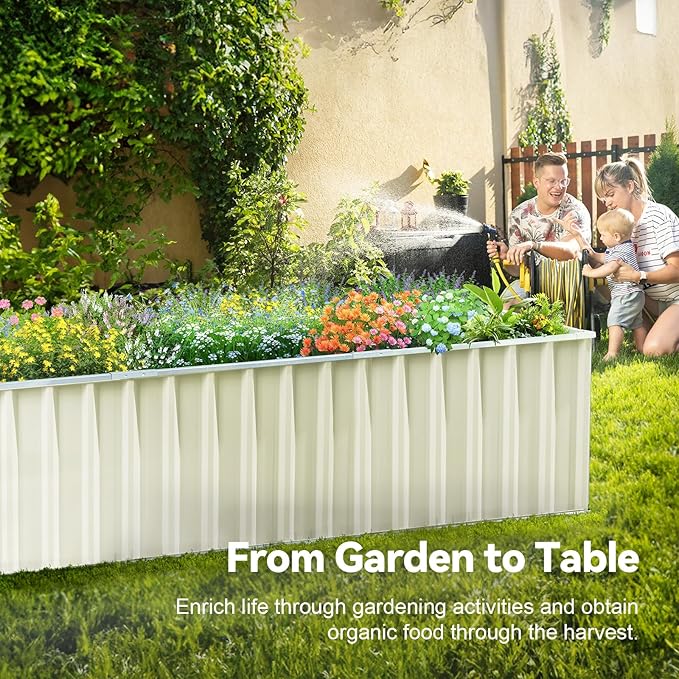 KING BIRD Galvanized Raised Garden Bed with 2 Installation Methods for DIY, 101" x 36" x 24" Heightened Planter Kit Box Outdoor for Deep-Rooted Vegetables, Flowers, Ivory