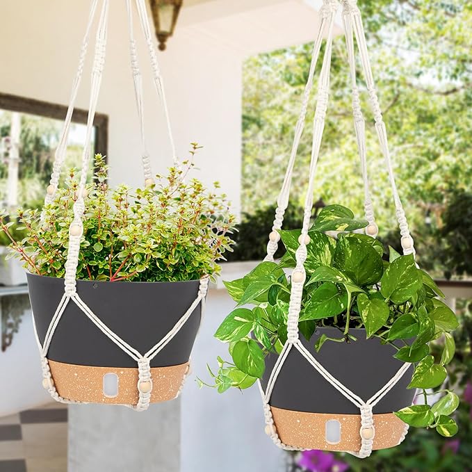 QCQHDU 2 Pack Hanging Planters for Indoor Plants, Outdoor Hanging Baskets, Self Watering Pots with Drainage Holes & Removable Tray (Dark Grey, 8 inch, Macrame Hanger)