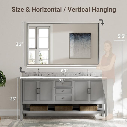 60'' x 36'' Large Beveled Silver Bathroom Vanity Mirror, Shatterproof Rectangle - Image 2