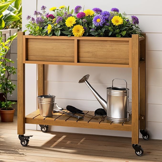 YITAHOME Raised Garden Bed, HIPS Poly Wood Elevated Planter Box with Shelf & Wheels for Mobility, Small Flower Box Stand for Patio Balcony Garden Backyard, Teak