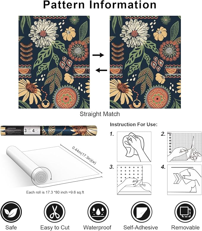 Simon&Siff Boho Peel and Stick Wallpaper, 17.3" x 80" Blue Sun Floral Retro - Image 7