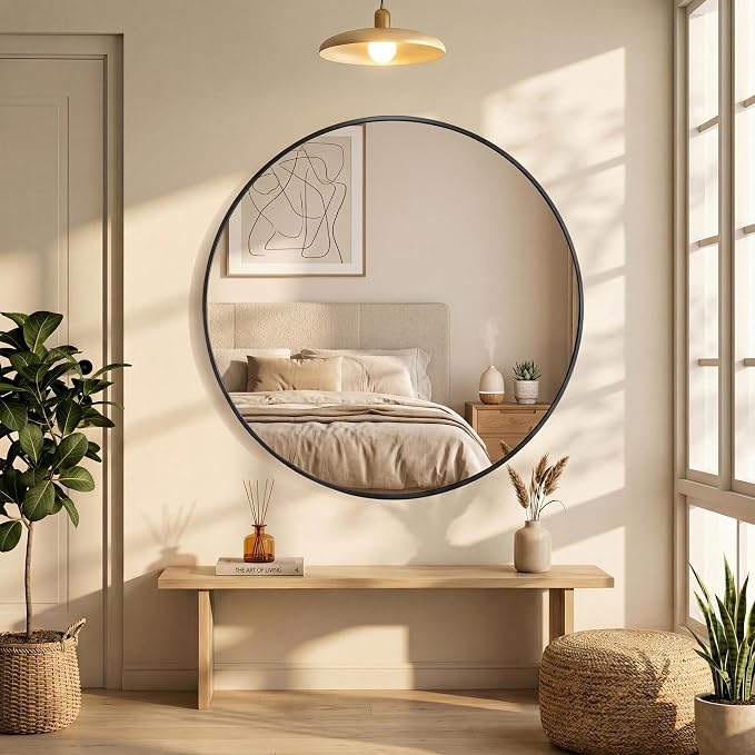 OLIXIS 30 Inch Black Round Bathroom Wall Mirror, Round Bathroom Mirrors - Image 7