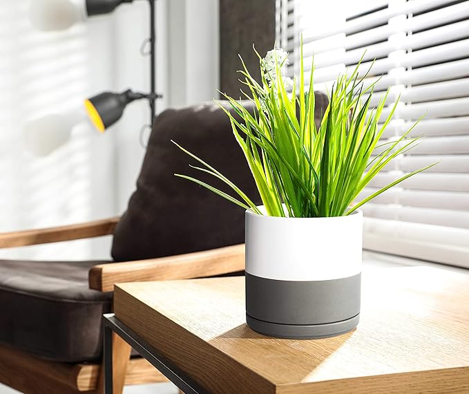 D'vine Dev Set of 2 Plants Pots, 6 Inch Ceramic Planter Pot for Plants with Drainage Hole and Saucer, White/Speckled Grey, 94-V-C-6