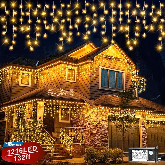 Icicle Christmas Lights, 98FT 1216 LED Icicle Lights for Outside with 228 Drops, 8 Modes Waterproof Twinkle String Lights for House Bedroom Wedding Holiday Decorations, Warm White
