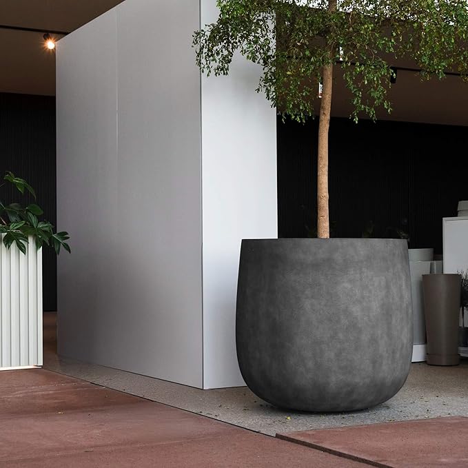 Mondo Large Planter – Grey Stone Finish – Fiberglass Indoor/Outdoor and Weather-Resistant Round Planter (33" D x 31.3" H Exterior, 31.5" D x 30.7" H Interior)