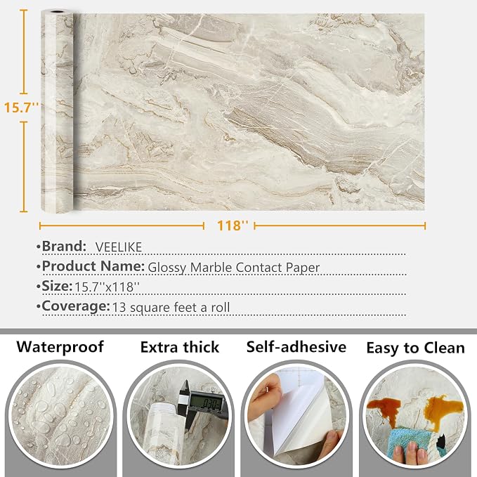 VEELIKE 15.7''x118'' Beige Gold Liquid Marble Contact Paper - Image 8