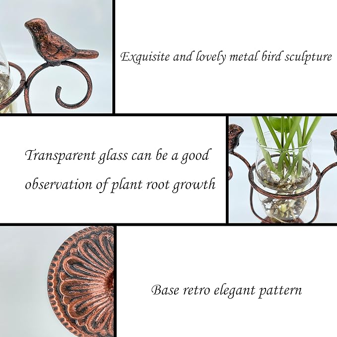 POXOH Vintage Glass Planter - Metal & Glass Propagation Vase with Dual Birds Art, Retro Indoor Planter for Hydroponic Plants, Office Desk Decor, Living Room Centerpiece