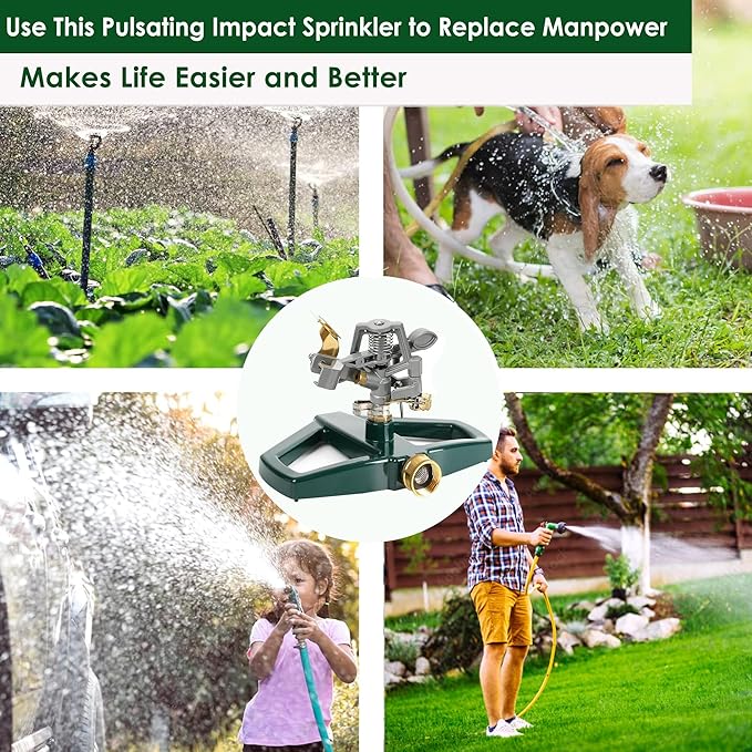 Heavy Duty Metal Pulsating Sprinkler for Yard - 360 Degree Roating Automatic Water Sprinkler for Lawn with Metal Base, Pulsating Impact Sprinklers for Large Area Covers Up to 85‘ Diameter