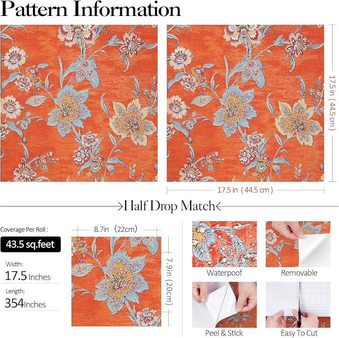 FunStick 17.5x354 Floral Wallpaper Peel and Stick Vintage Burnt Orange - Image 7