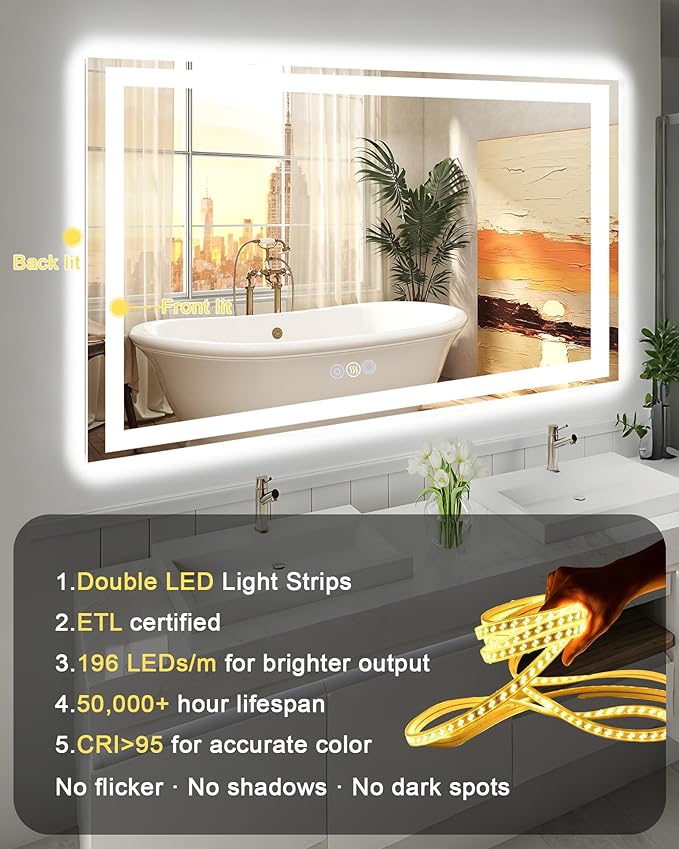 30x36 LED Bathroom Mirror with Lights, Super Bright Front & Backlit Vanity - Image 8