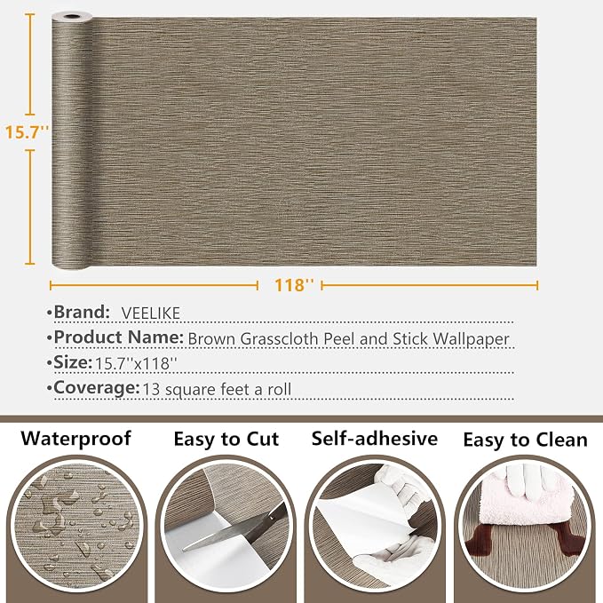 VEELIKE 15.7''x118'' Taupe Grasscloth Wallpaper Peel and Stick Textured Faux - Image 9