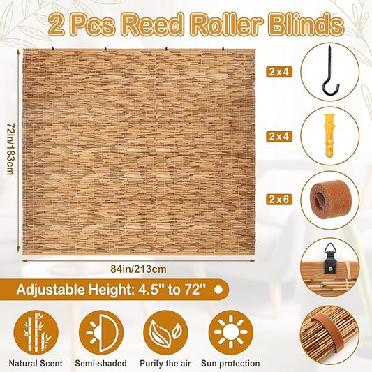 DoubleFill 2 Pcs Bamboo Shades Outdoor Reed Roll Up Blinds 84" W X 72" H - Image 2