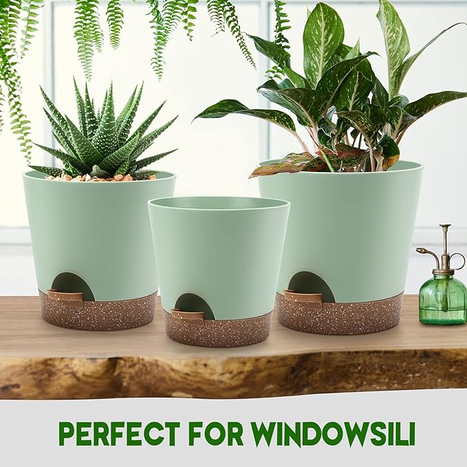 Indoor Self Watering Planters with Drainage Holes and Saucers, 9,8, 7.5 Inches, Green, 3 Pots (Springgreen)