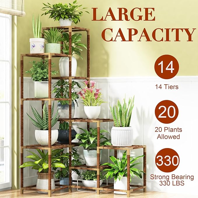 HOMKIRT Corner Plant Stand with Grow Lights, 14 Tier Tall Plant Shelf Indoor Outdoor for Multiple Plants, Wood Plant Ladder Rack Holder Display Flower Stand for Patio Porch Garden Living Room