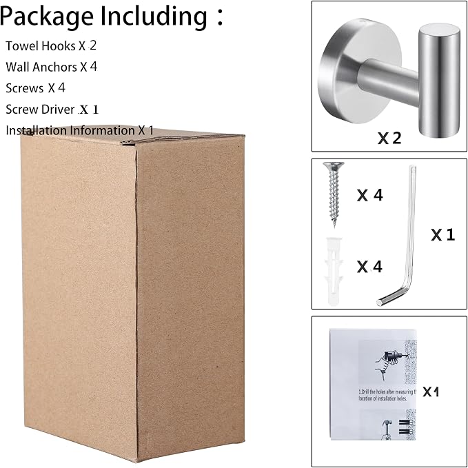 2 Pack Silver Bathroom Towel Hooks Robe Hook Holder Wall Mount Heavy Duty Wall - Image 6