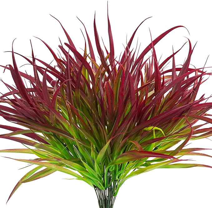 Uieke 28 Bundles Artificial Outdoor Plants UV Resistant Fake Grass Plants Faux Plastic Plants Greenery Shrubs for Home Garden Pathway Window Box Front Porch Summer Fall Decor, Deep Red