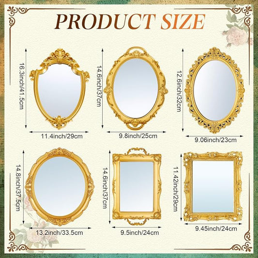 Beeveer 6 Pcs Vintage Gold Mirrors Set Decorative Hanging Wall Decor - Image 2