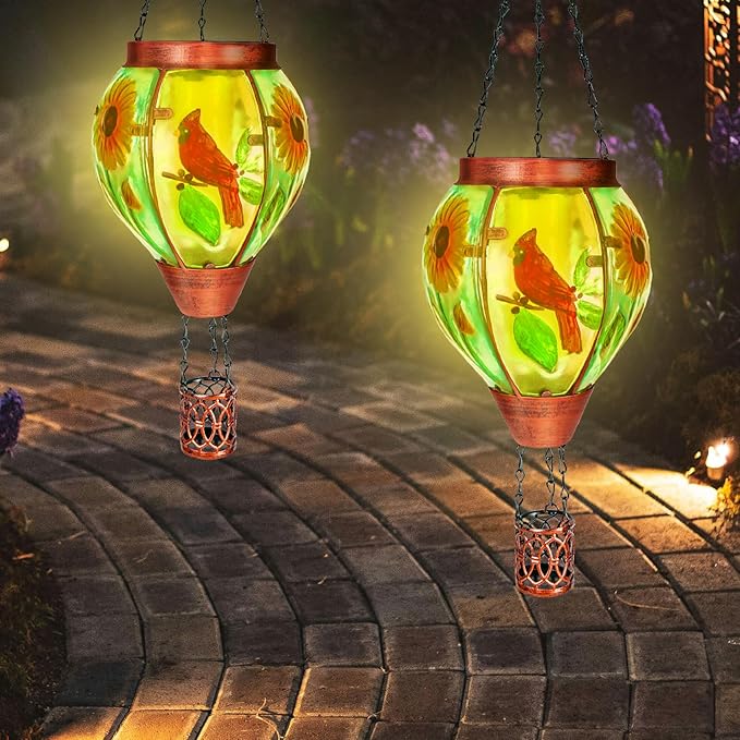 Solar Hot Air Balloon Lantern with Flame, Cardinal Glass Solar Hanging Lights Outdoor Yard Patio Farmhouse Decoration, Cardinal Gifts for Women Grandma Mom - Cardinal