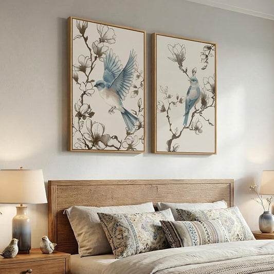 Framed Vintage Botanical Bird Wall Art, 2 Piece Neutral Minimalist Floral - Image 2