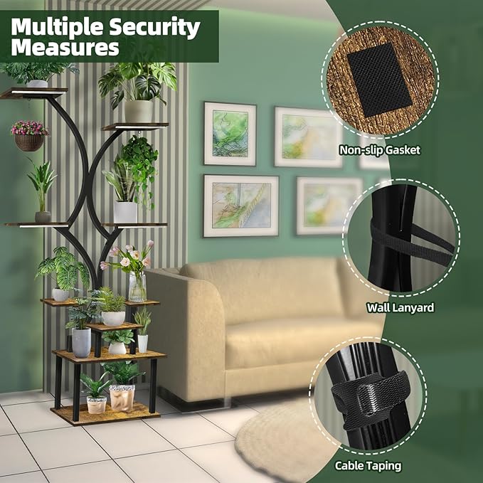 Plant Stand with Grow Lights, 9 Tiered Indoor Plant Shelf, 65” Tall Plant Holder for Indoor Plants Multiple, S-Shaped Metal Corner Plant Rack with Hanger for Home, Patio